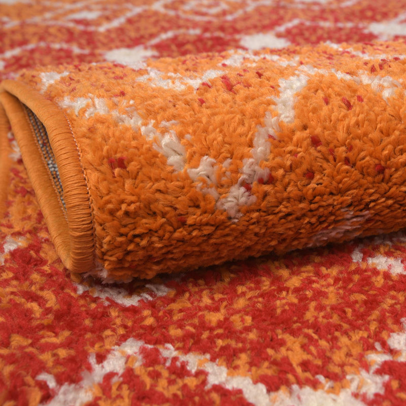 Tapis orange / rouge en polypropylène tissé à la machine Briehn, Rond 10 pi