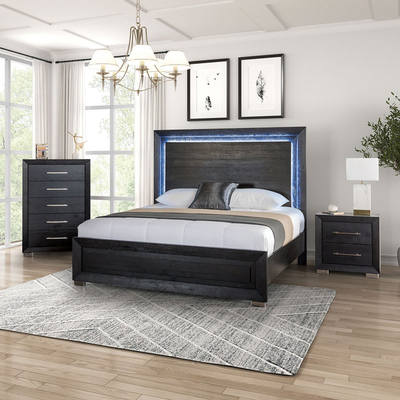 Ensemble de chambre à coucher 3 pièces Bellête (1 lit + 1 table de chevet + 1 commode), 3 Pcs: Bed, Nightstand, Chest