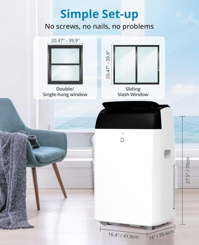 Climatiseur portatif 14 000 BTU avec capacité de refroidissement de 700 pieds carrés, modes de refroidissement, de déshumidification et de ventilation 3-en-1, système d'évaporation automatique, fonctionnement à faible bruit de 52 dB, minuterie 24 heures, affichage à DEL, télécommande, ensemble d'installation de fenêtre inclus