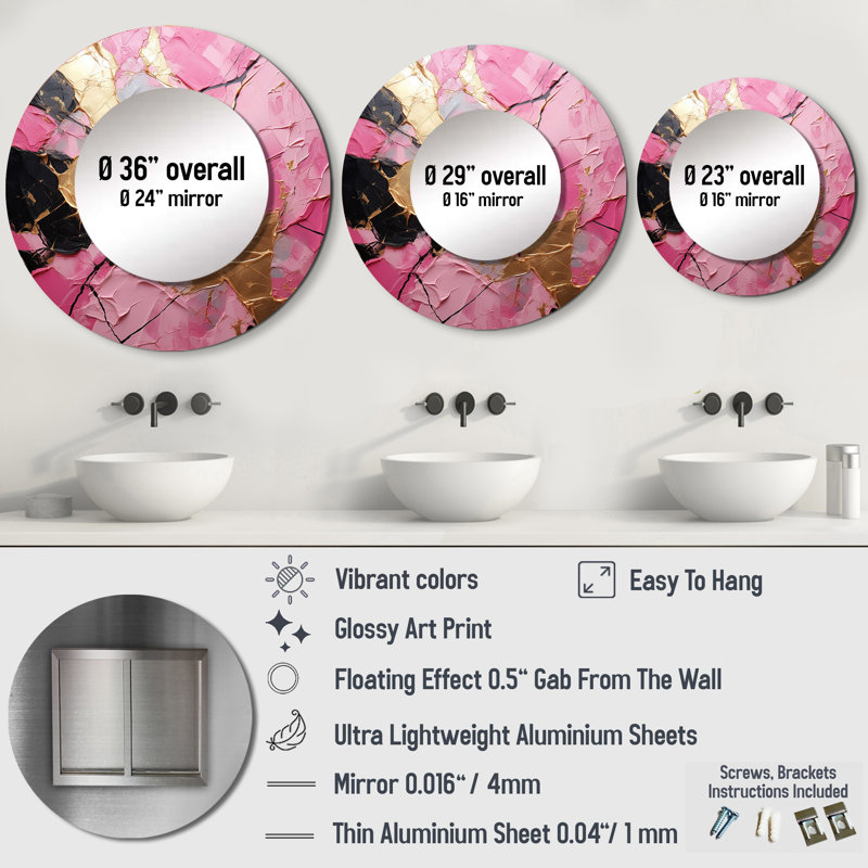 Minimalism Pink Gold Poteries I - Abstract Spirals Large Mirror, Modern Round Decorative Wall Mirror, Printed Metal Art