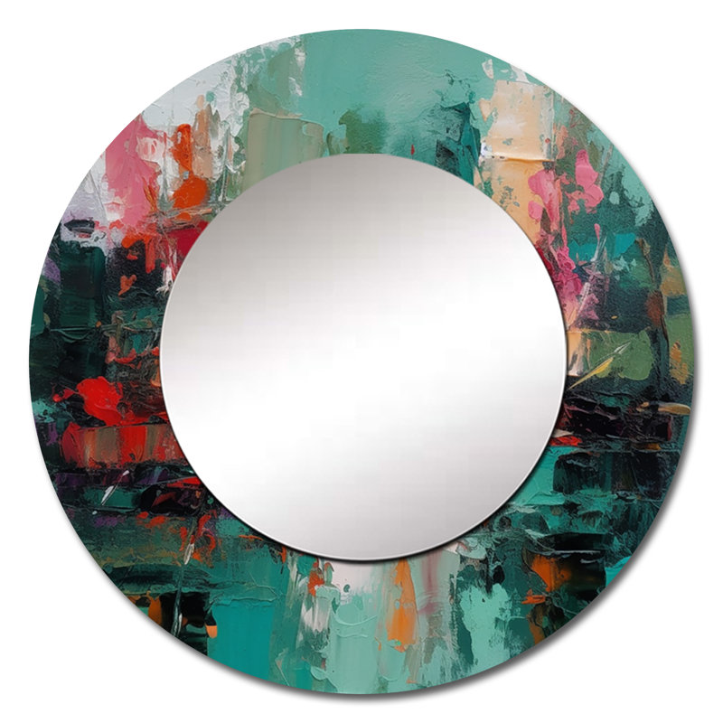 Rouge et vert textures de l'esprit II - miroir mural décoratif abstrait, miroir rond moderne, impression d'art en métal