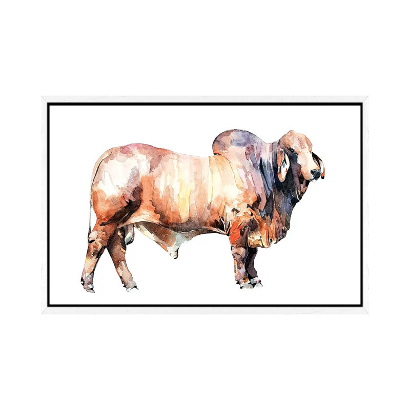 Texan Brahman Bull by EdsWatercolours - Painting on Canvas, 66.04cm H x 101.6cm W x 3.81cm D, White Framed
