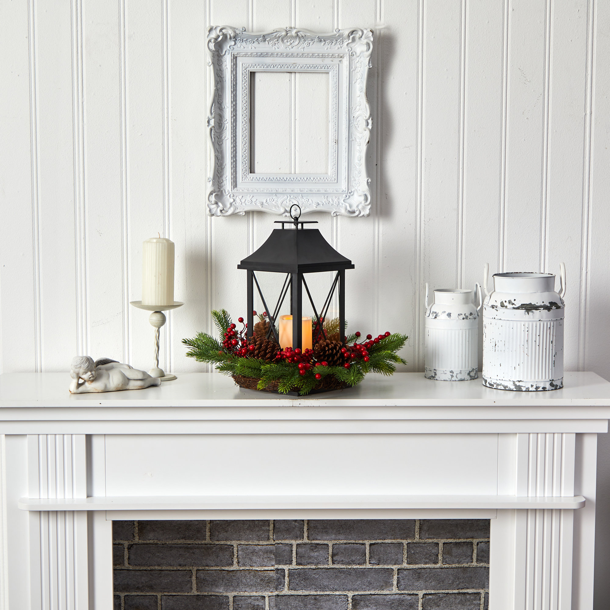 16In. Holiday Christmas Berries, Pinecones And Greenery With Lantern And Included LED Candle Artificial Table Arrangement