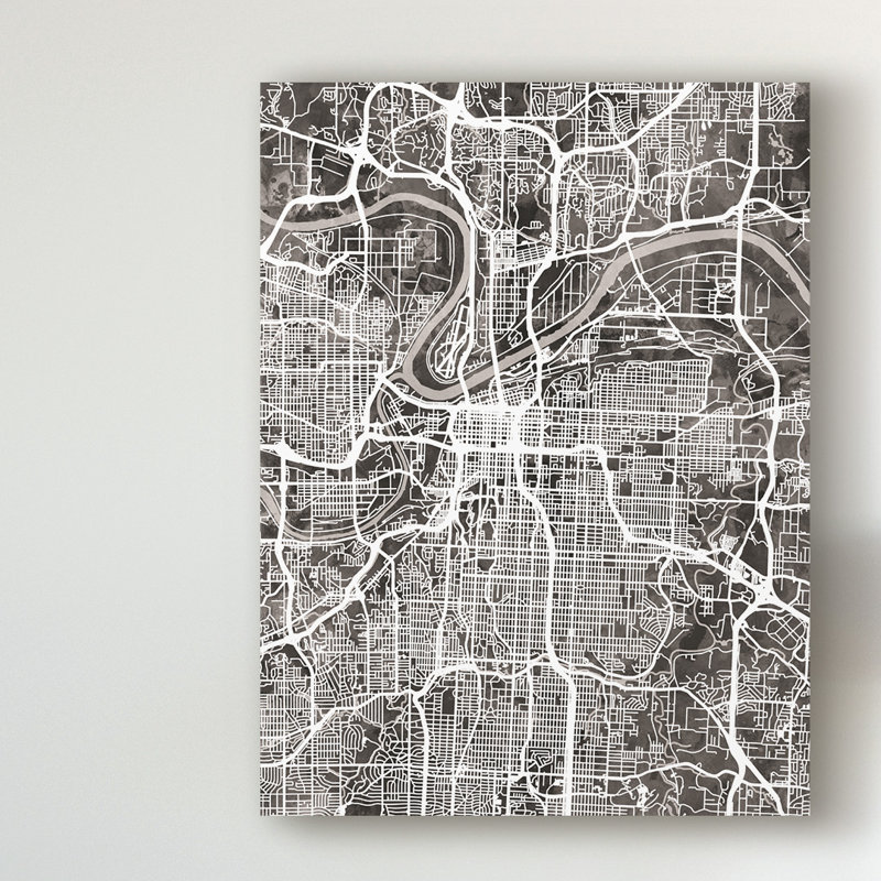« kansas city missouri city map black », impression sur toile tendue, H 24 po x l 18 po x P 2 po