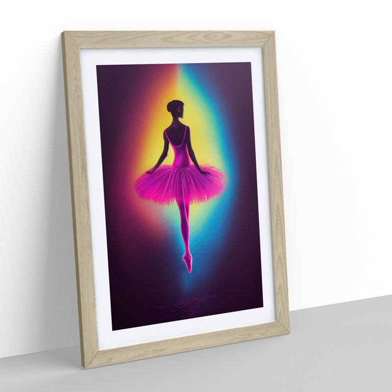 Neon Ballerina - Wall Art, 46cm H x 34cm W x 2cm D, Oak Framed