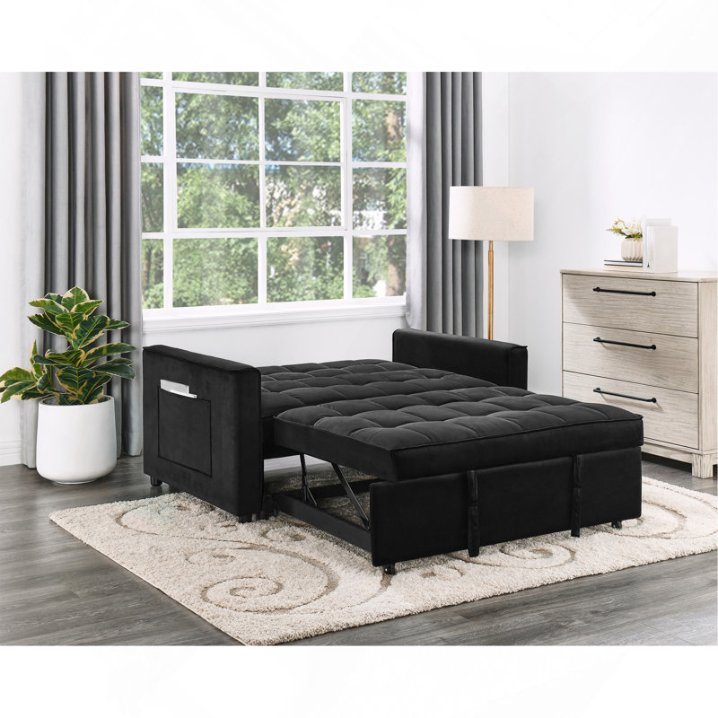 Causeuse convertible en velours noir l 53,5 po avec capitonnage et poches latérales