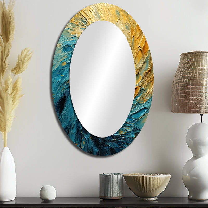 Vagues dorées tourbillonnantes dorées II - miroir mural ovale moderne doré, 36 po x 24 po