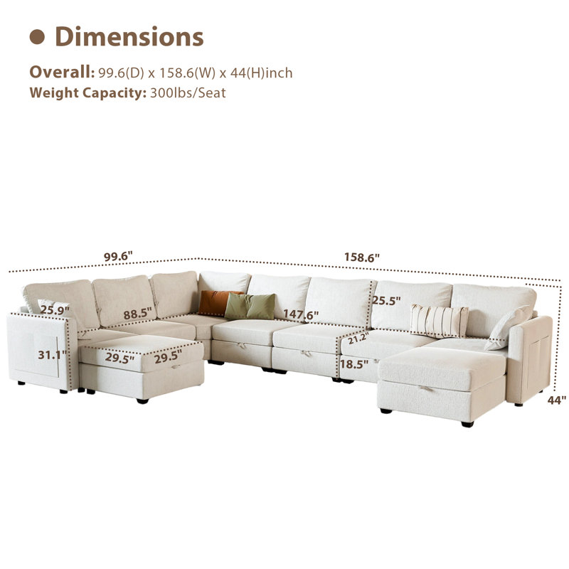 Canapé modulaire en forme de U de 158,6 po avec repose-pieds de rangement modulaire en U, Chenille beige