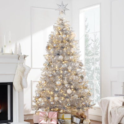 Pre-Lit Silver Tinsel Christmas Tree with Twinkling LED Lights, Lush Full Branches, Sparkling Metallic Design, Sturdy Metal Stand for Holiday Décor