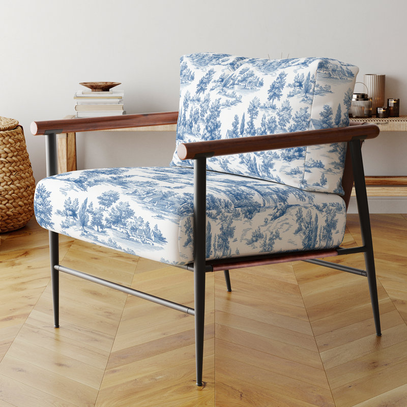 Chaise d'appoint Country Farmhouse - Fauteuil bleu Country Toile, Bras ronds bruns
