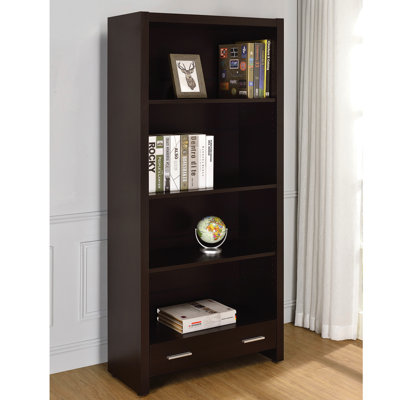 Cappuccino 4-Shelf Bookcase With Storage Drawer, Contemporary Style, Smooth Metal Glides, Closed Back Design, Office Furniture In Cappuccino, Hidden Two Adjustable Shelves, Particle Board And , Study