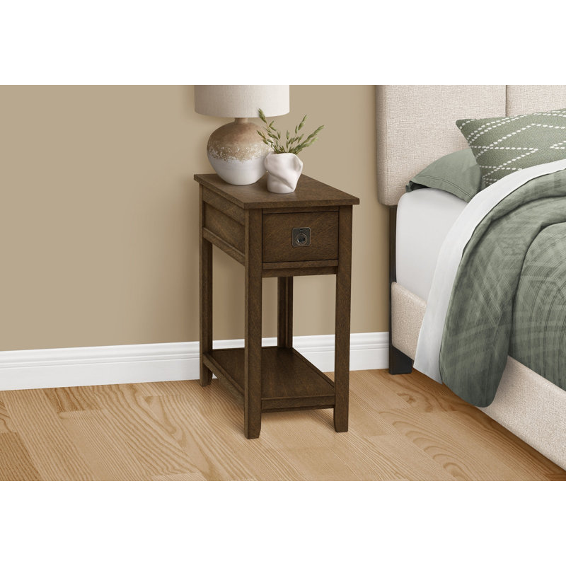 Table d'appoint, bout, table d'appoint, table de chevet, chambre à coucher, étroit, tiroir de rangement, placage brun, transitionnel