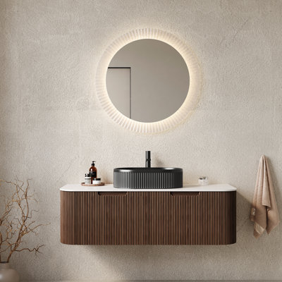 Meuble-lavabo de salle de bain de 122 cm (48 po) avec lavabo ovale noir, 2 tiroirs de rangement, contreplaqué, préassemblé, fini noyer foncé, mouvement fluide et stable, lavabo, fonctionnement
