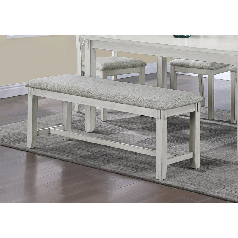Driftwood Finish Wooden Bench With Grey Upholstery For Dining Room Interior Antique White + Gray And Stable Seat