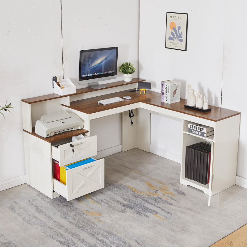White L Shaped Desk, Executive Office Desk, Corner Desk with Lockable Drawer, Adjustable File Cabinet & Power Outlets, Computer Desk for Home Office, Storage Solutions, USB-C Hub, bureau de travail