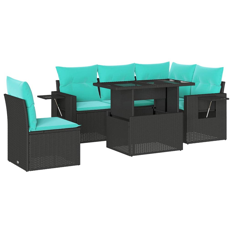 Ensemble de canapé de patio 6 pièces avec coussins en rotin de polyester, Bleu clair, Noir