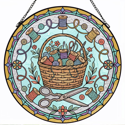Sewing Basket Stained Glass Window Panel，7.8H