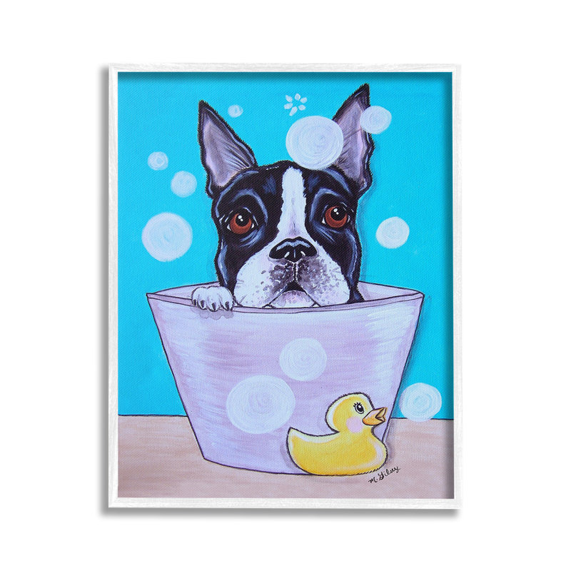 «Dog & Soap Bubbles», art de la giclée encadrée par Michelle Gilsey, Giclée encadrée blanc bord de mer, H 20 po x l 16 po