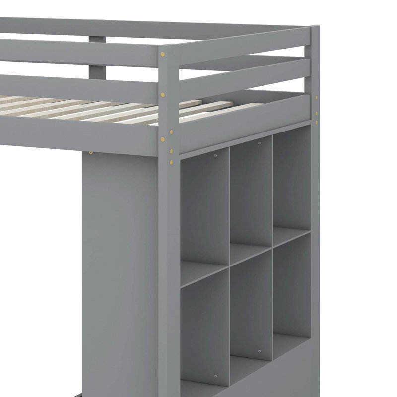Lit mezzanine simple avec grandes tablettes, lumière DEL et bureau, Gris