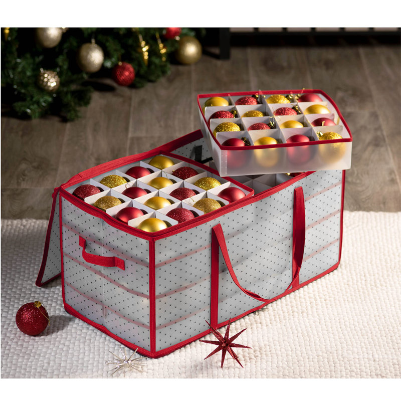 Boîte de rangement pour ornements de Noël - contient 128 ornements avec fermeture à glissière à 2 côtés - contenants de rangement en plastique flexibles pour ornements de Noël - compartiments cubes de 3 pouces - rouge