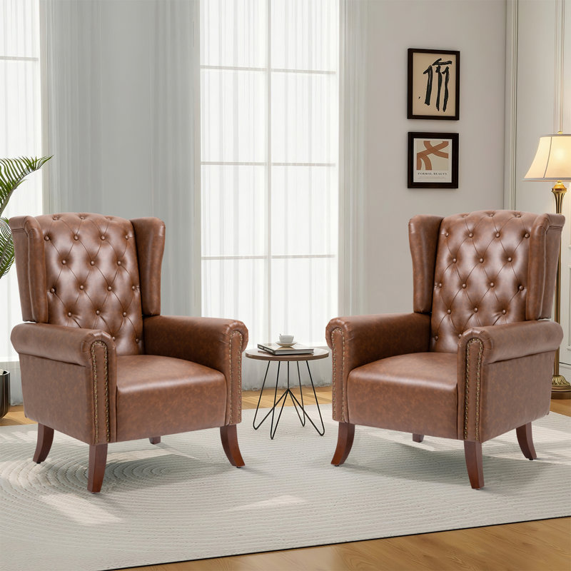 31.5" Wide Faux Leather Wingback Chair, Brown Faux Leather