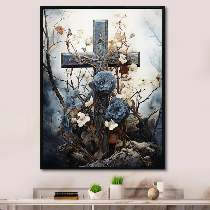 Croix religieuse sacrée, consolation II, H 40 po x l 30 po x P 1,5 po, Cadre flottant noir