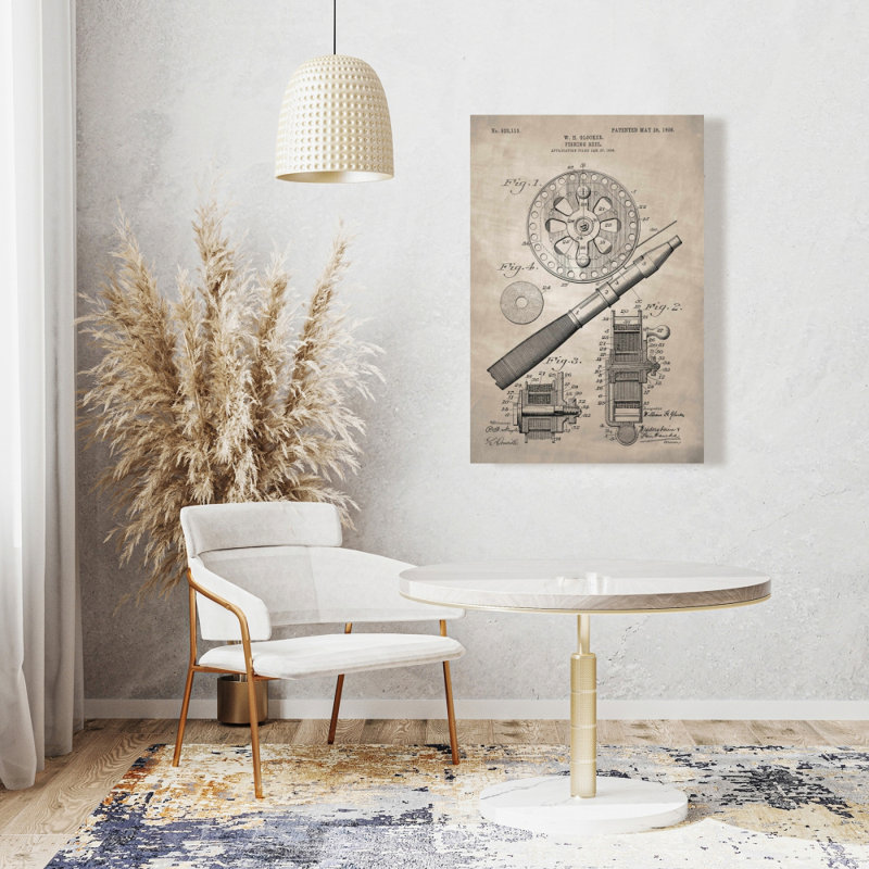 Toile vintage avec moulinet de pêche beige rétro | Décoration intérieure
