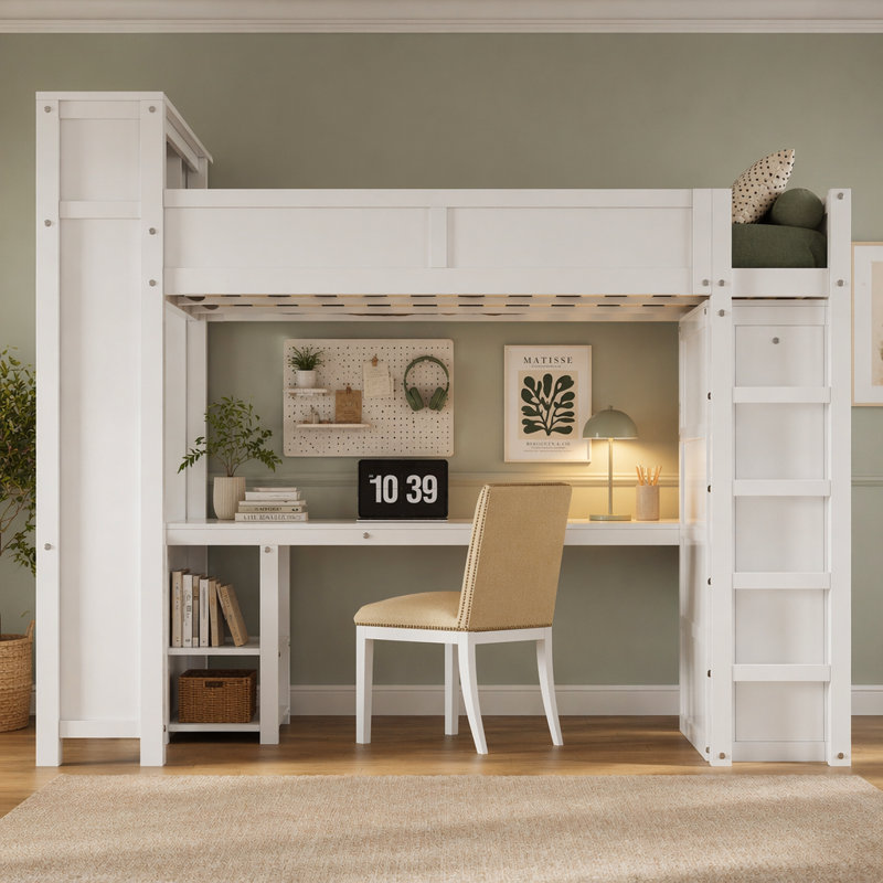 Grand lit mezzanine en bois avec garde-robe et bureau, tête de lit avec rangement et port USB, blanc