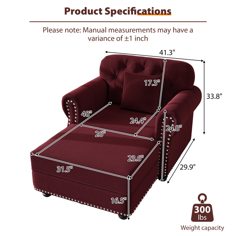Fauteuil d'appoint Chesterfield avec repose-pieds 41,3 po Annalease, Rouge