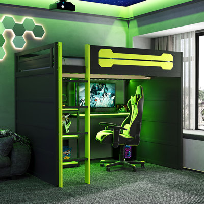 Lit mezzanine double en bois avec bureau, tablettes de rangement, prise USB et prise de courant, lumière DEL, moderne, noir et vert