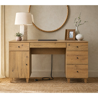 Meuble-lavabo 58 po en bois avec tiroirs et armoire de rangement, coiffeuse à maquillage moderne avec station de charge pour chambre à coucher