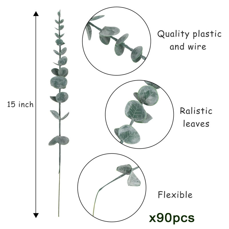 90 pièces de tiges d'eucalyptus artificiels, de fausses feuilles d'eucalyptus, de vraies branches tactiles pour un bouquet de fleurs, un mariage, un cadeau de Noël, une pièce maîtresse, un printemps, un décor de bureau à domicile