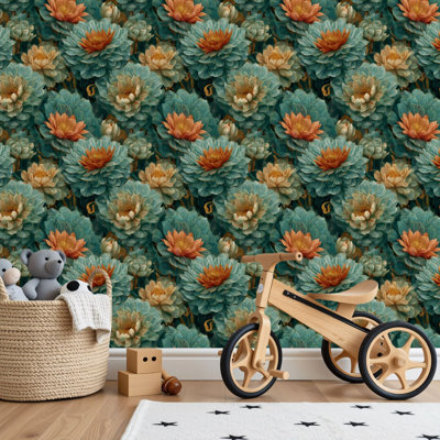 Peel and Stick PVC Wallpaper, Removable Self-Adhesive Wall Covering With Terracotta Sage Floral Textile Print Cactus Grasses Print, Waterproof for Home Decor - Roll