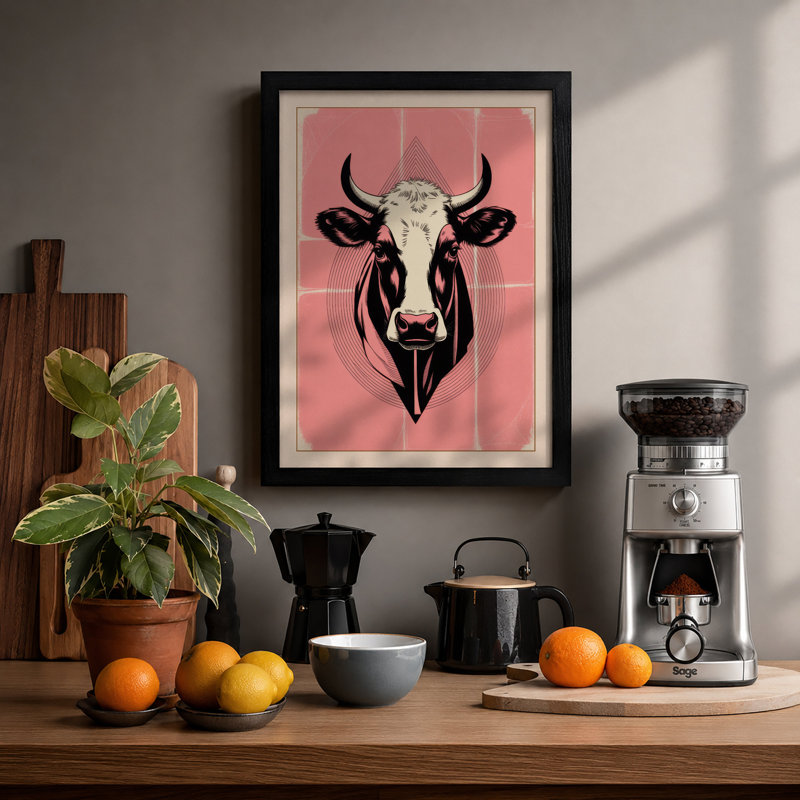 Cow Portrait Geometric - Framed Print, A1 - 84.1 x 59.4 cm, Black