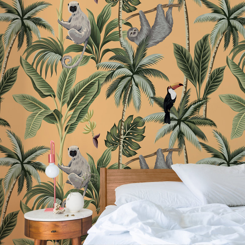 Orange Tropical Jungle Wallpaper with Monkeys