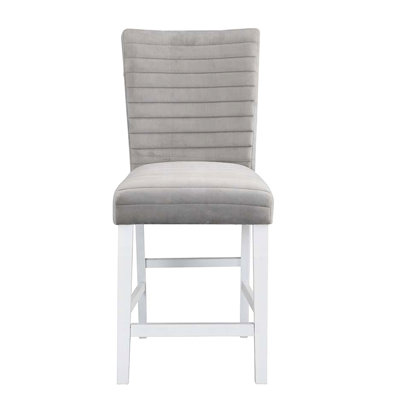 Paire de tabourets gris et blancs rembourrés à hauteur de comptoir - chaises de salle à manger modernes avec repose-pieds, coussins, dossier élégant, rectangulaire, bois franc, revêtement en velours et repose-pieds, qualité du dossier,