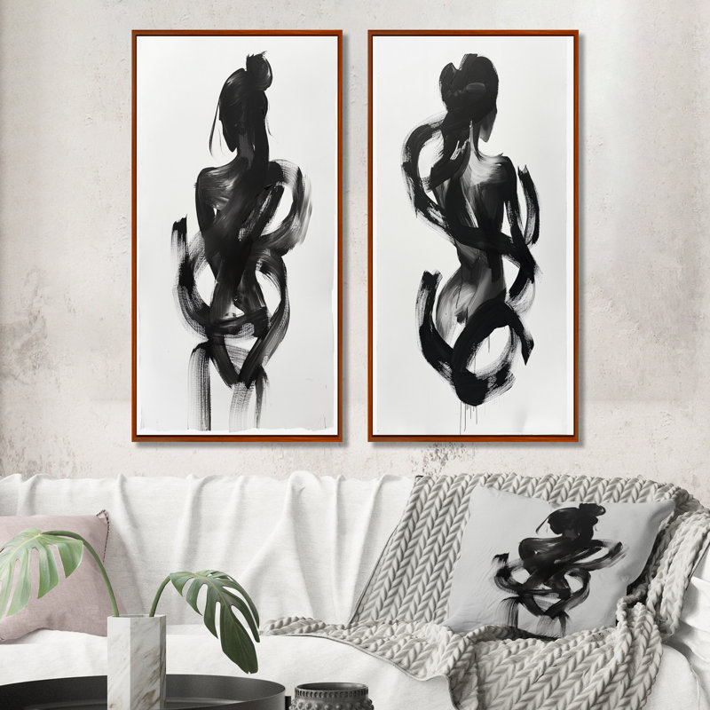 And Minimal Woman Silhouette I - Abstract Shapes Wall Art 2 Pieces Set, 40" H x 40" W, Brown Floater Framed