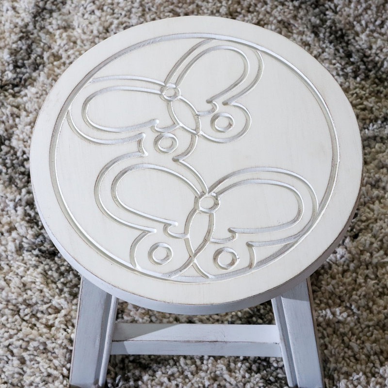 Butterflies Wooden Stool, Antique White. Construction From Rubberwood For Footrests, Mini Side Tables. 11 Inch Diameter White Step Stool With Butterflies. Functional 10" H X 11" D