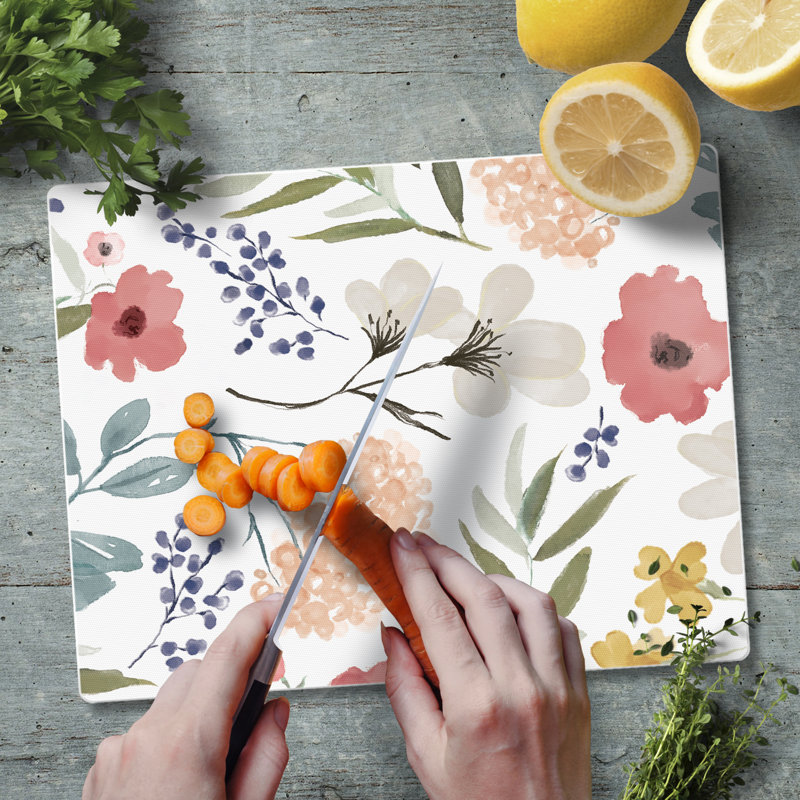 Pink Meadow Floral 3mm Tempered Glass Cutting Board 10" x 8"