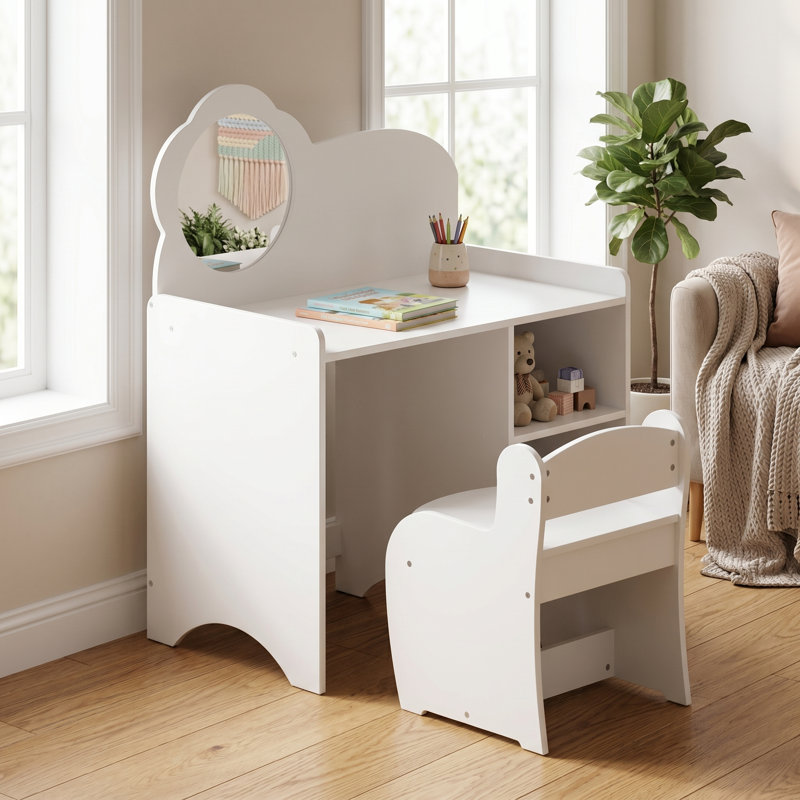 Table de coiffeuse pour enfants avec fauteuil miroir, bureau de rangement en bois - blanc