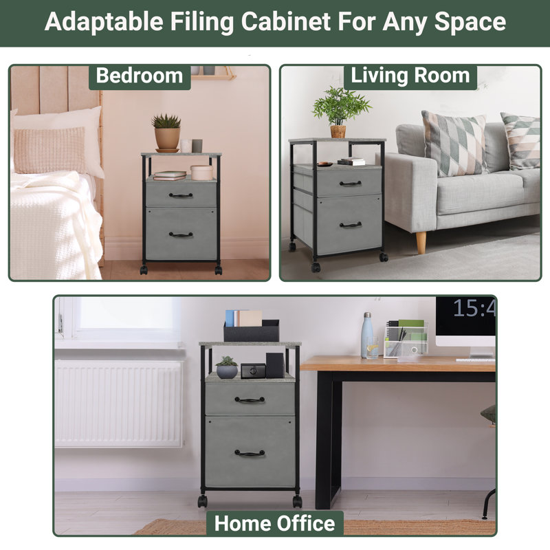 Fabric Storage Cabinet with 2 Drawers & Shelf, Filing Cabinet with Wheels, Grey