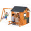 Maisonnette extérieure en bois pour enfants avec balançoire, coin goûter, cuisine et banc pour des jeux actifs dans le jardin
