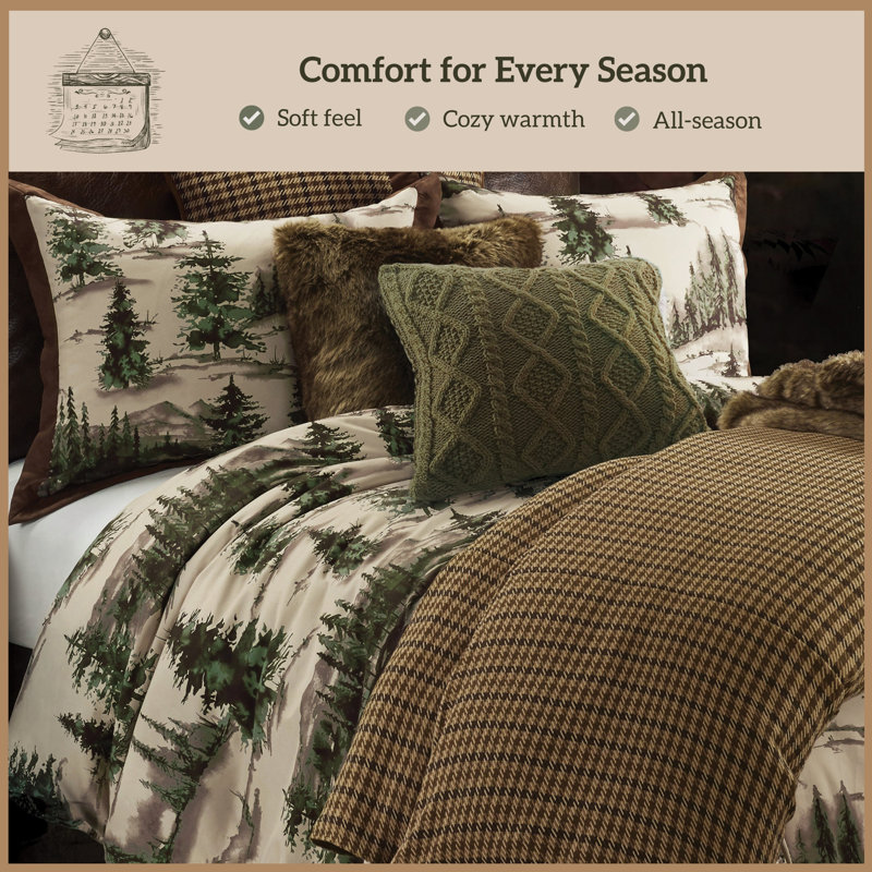 Joshua Cream, Green and Brown Pine Tree Print Western Lodge Rustic Cabin Cotton Comforter Set, Queen Comforter + 2 Shams