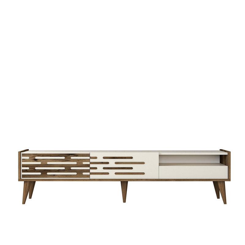 Meuble télé moderne avec tablettes, noyer et crème, 70,9 po x 13,8 po x 27,6 po | 100% panneau de particules enduit de mélamine, épaisseur: 0,7 pouce | Design scandinave élégant, poignées et pieds en plastique, grand espace de rangement
