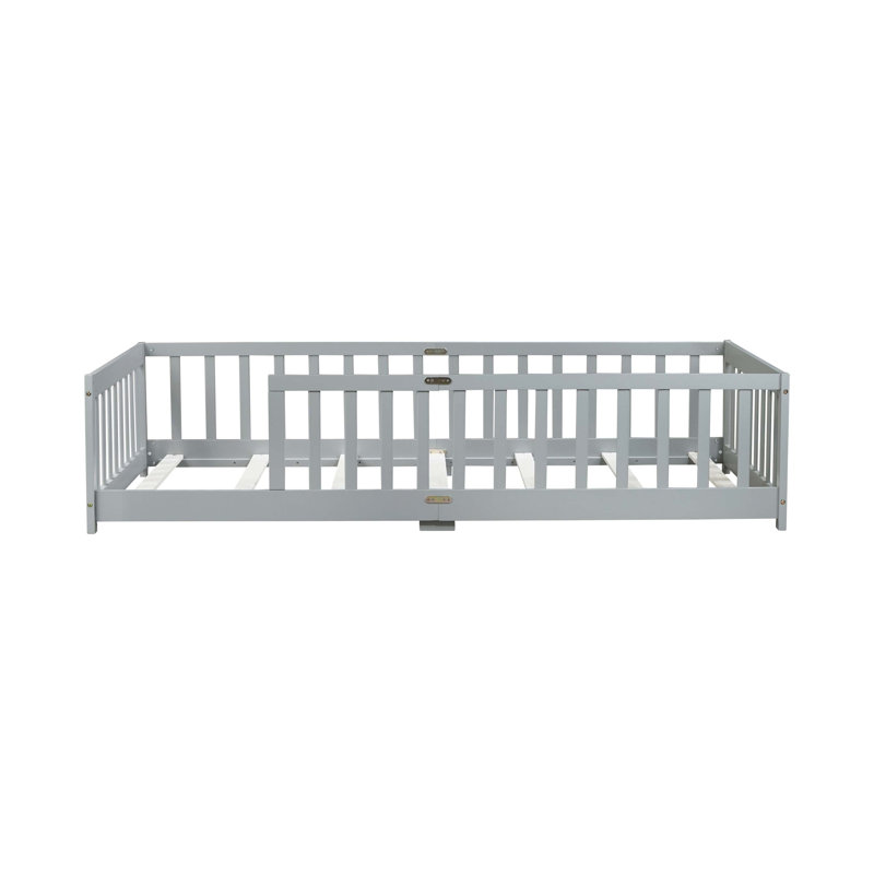 Lit de plancher avec clôture sans porte, lit de plancher en bois d'hévéa avec barrières de sécurité