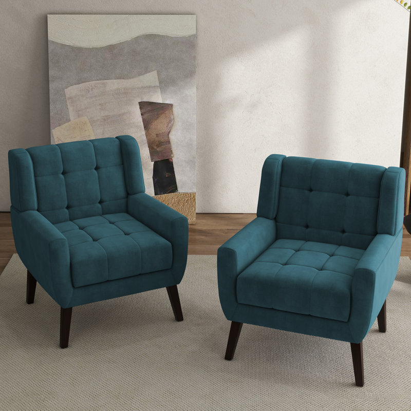 Jaqueze Upholstered Polyester Tufted Square Arm Accent chair, Blue Velvet