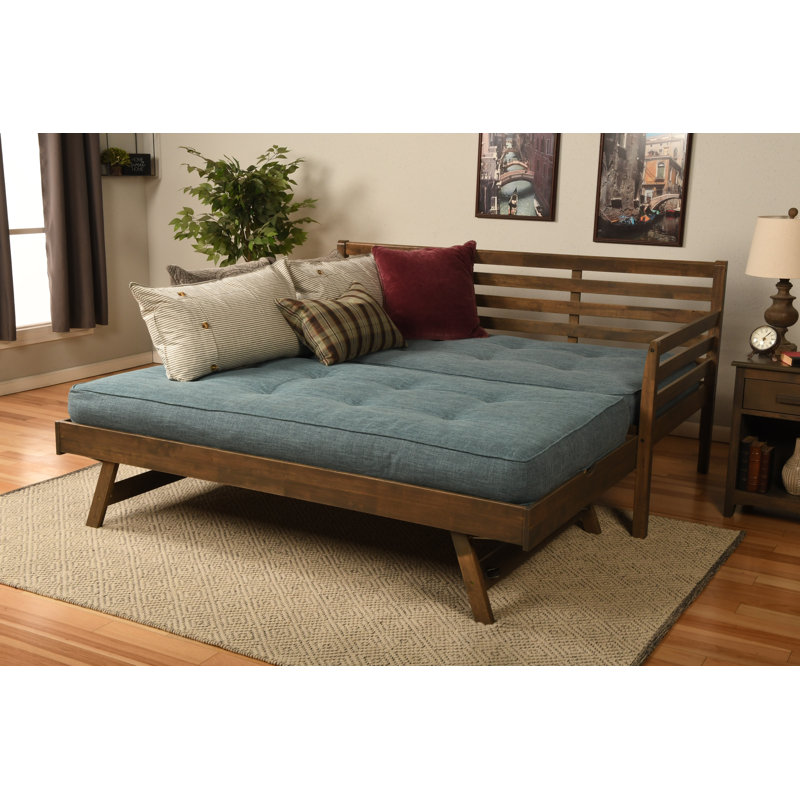Alhamdi Boho Daybed and Pop-Up Bed with Mattresses, Linen Aqua, Rustic Walnut