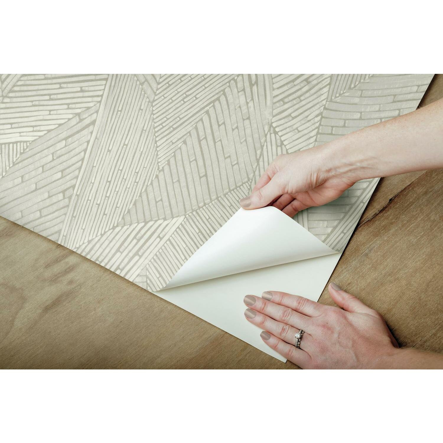 Geometric Self-Adhesive Wallpaper Roll, Taupe/White