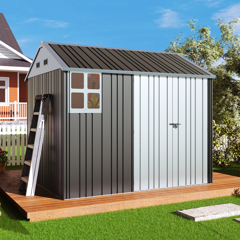 AMERLIFE Outdoor Storage Shed, Lockable Double Hinged Doors, 4 Vents, Backyard, Black/White, 8 Ft. x 6 Ft.