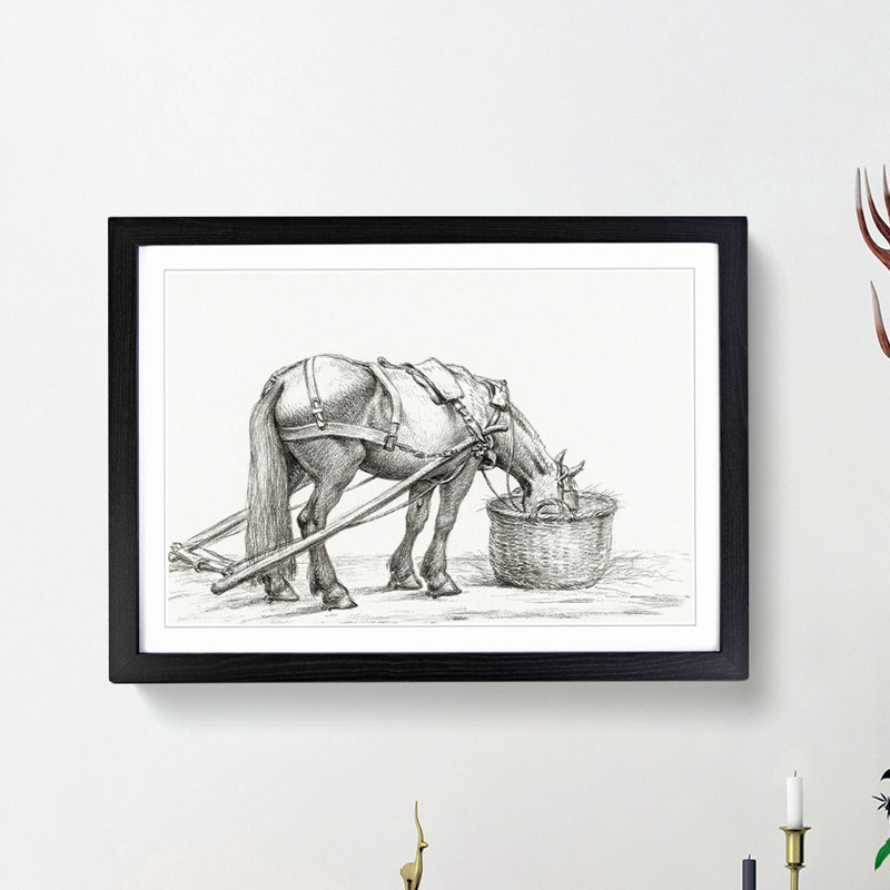 Horse Drinking by Jean Bernard - Picture Frame Drawing Print, 48cm H x 65cm W x 2cm D, Black Framed